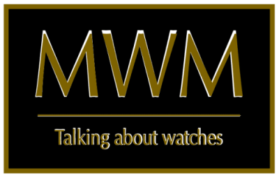 Logo with "MWM" and "Talking about watches" in gold on a black background, framed in gold.
