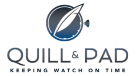 Quill & Pad logo with a quill and watch emblem, tagline "Keeping Watch on Time" in blue and gray.