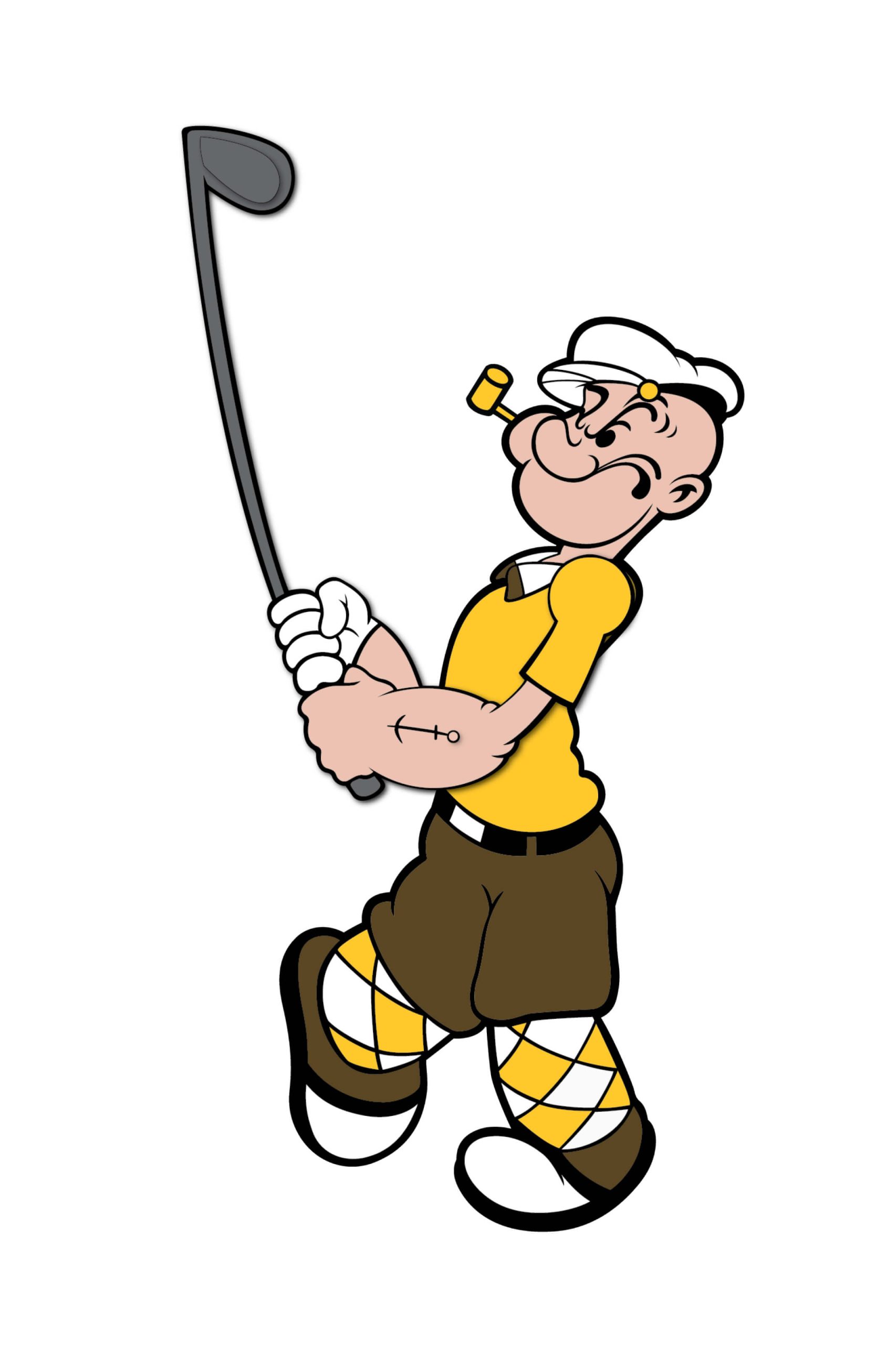 Cartoon character in yellow shirt, brown pants, white hat, swinging a golf club with a pipe.