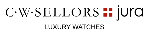 Logo for C.W. Sellors Jura luxury watches, features elegant black text and red square elements.