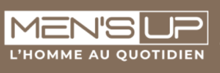 Logo with the text "MEN'S UP" and subtitle "L'HOMME AU QUOTIDIEN" on a brown background.