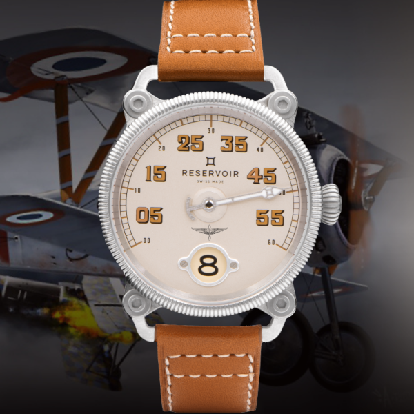 A wristwatch with a brown leather strap, large numerals, and a background vintage aircraft image.