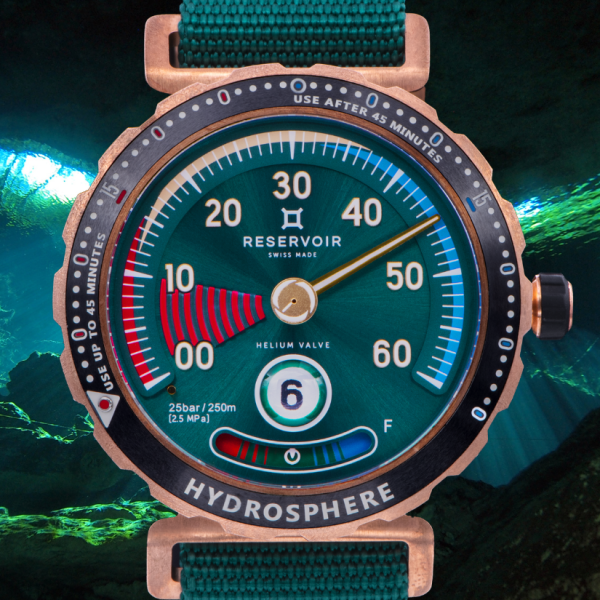 Swiss-made Reservoir Hydrosphere bronze diving watch with green dial and helium valve underwater.