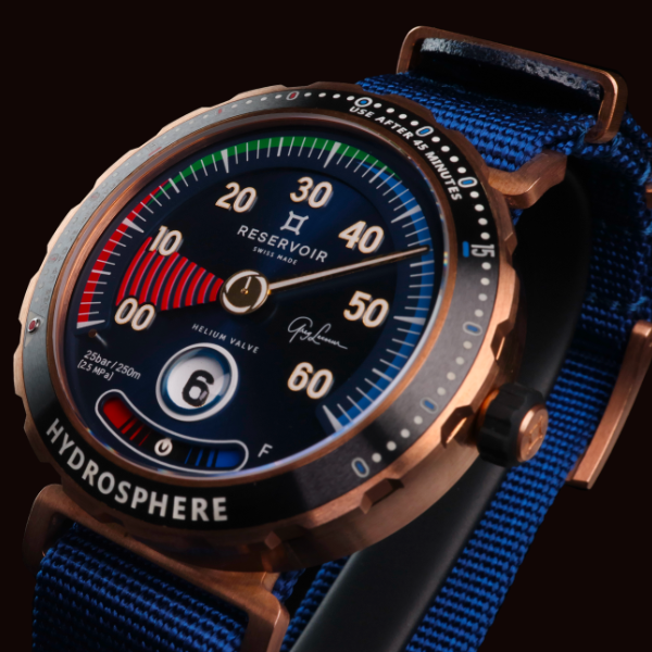 Sophisticated wristwatch with multi-colored dial, copper case, blue strap, and "Hydrosphere" branding.