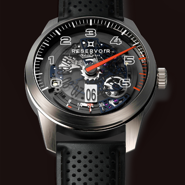 Silver wristwatch with a transparent dial showing internal mechanisms, bold numerals, and black strap.