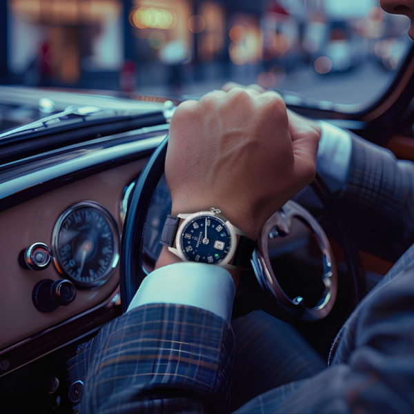 Person in checkered suit driving vintage car with blue-dial wristwatch, cityscape lights in background.