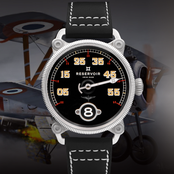 Watch with black dial, colored numerals, and biplane background; aviation-inspired design.