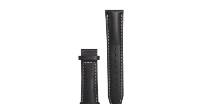 Two black leather watch strap pieces with white stitching, perforations, and loops for adjustment.