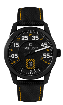 Black Reservoir wristwatch with textured dial, bold white and orange numerals, date window, and yellow-stitched strap.