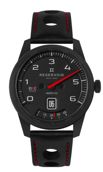 Black Reservoir wristwatch with round dial, white numerals, red hand, date window, and black strap with red stitching.