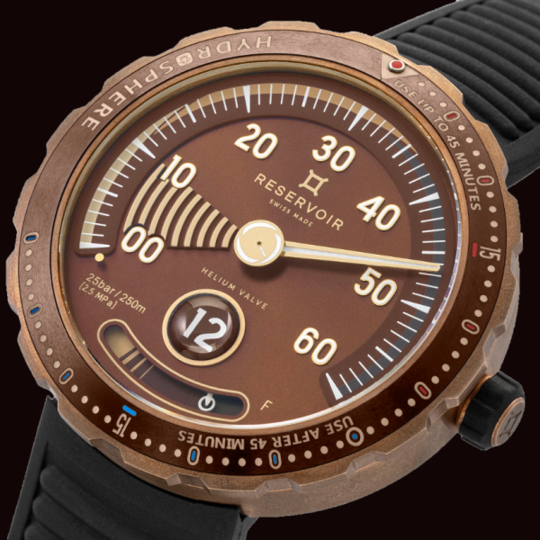 Bronze-toned wristwatch with brown face, single hand, helium valve, black strap, and 25 bar rating.