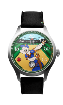 Wristwatch with colorful cricket-themed dial, minute markers, black strap, "RESERVOIR" brand.