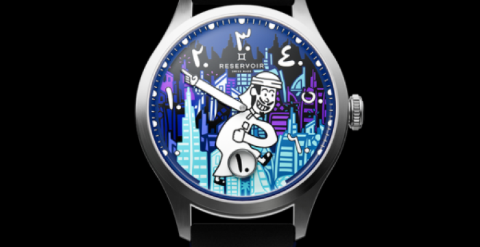 Wristwatch with a metallic case, black strap, colorful dial featuring a character and cityscape.