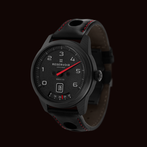 Black wristwatch with white markers, red hand, date display at 6 o'clock, black leather strap.