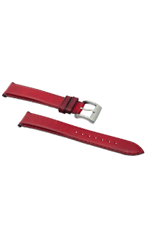 Montre en cuir rouge bracelet, une pièce avec Boucle attachée et l'autre montrant les trous d'ajustement.