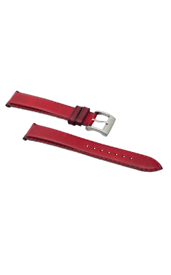 Red leather watch strap, one piece with buckle attached and the other showing adjustment holes.
