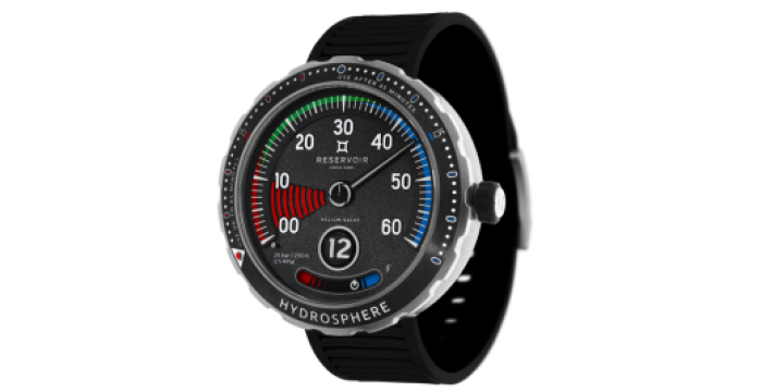 Reservoir Hydrosphere black wristwatch with multifaceted dial, numerical markers, and black rubber strap.