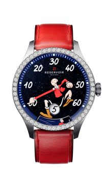 Reservoir watch avec cadran de caractère, lunette en pierres précieuses et bracelet en cuir rouge.