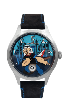 Montre-bracelet avec personnage animé, fond de paysage urbain, bracelet noir, coutures bleues, "RESERVOIR".