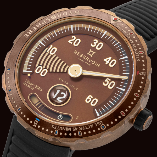 Robust wristwatch with bronze case, brown dial, large numerals, black strap, and water resistance markings.