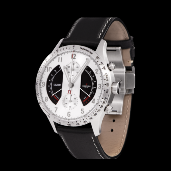 Silver chronograph wristwatch with white dial, three subdials, black accents, and black leather strap.