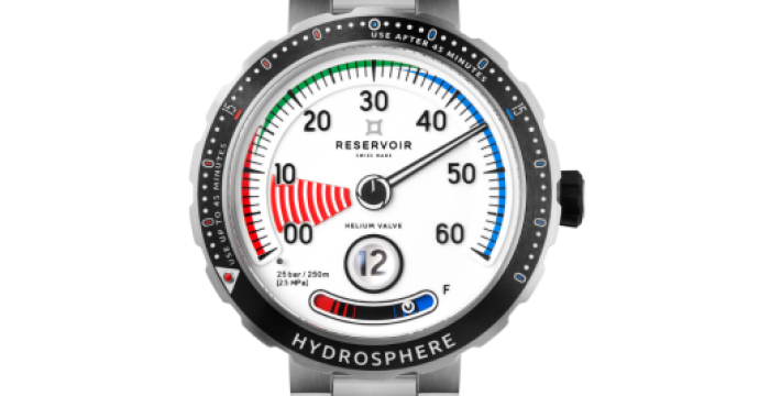 Stainless steel wristwatch with white dial, pressure indicators, helium valve, Hydrosphere bezel.