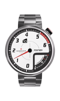 Stainless steel wristwatch with white dial, black numerals, date, and power reserve indicator.