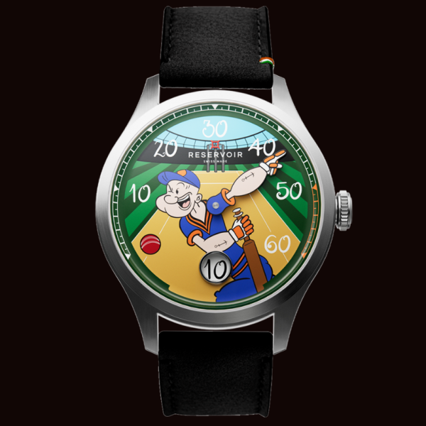 Wristwatch with cartoon cricketer dial, retrograde minutes, jumping hour, black leather strap