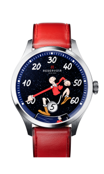 Wristwatch with red leather strap, animated character, dark starry background, "RESERVOIR", "SWISS MADE".