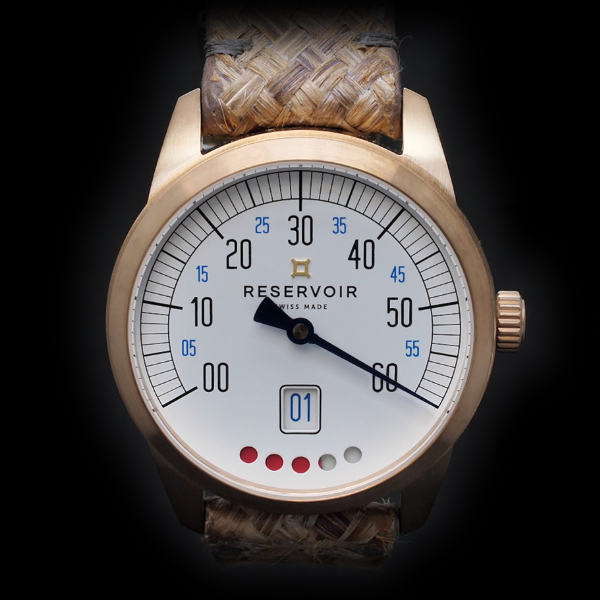 Wristwatch with white dial, single hand, numeric scale, date window, woven strap, metallic case.