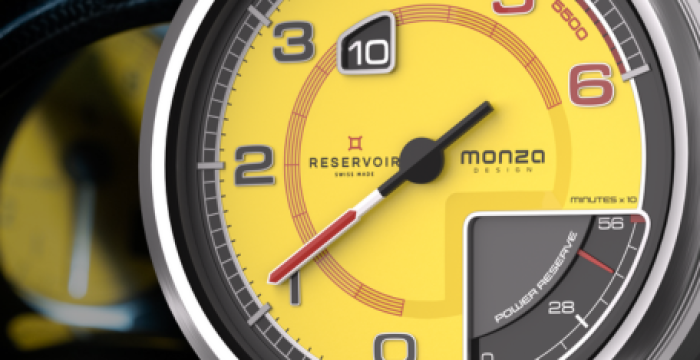 Yellow wristwatch with speedometer design, black numerals, silver bezel, and tire-tread strap.